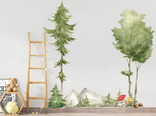 Watercolor Tall Trees Landscape Mountain Wall Decal - BR172