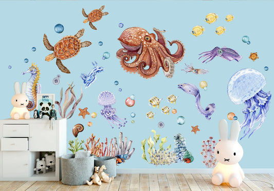 Enchanting Undersea World Cartoon Wall Decal - Whimsical Marine Creatures for Kids Room - BR174