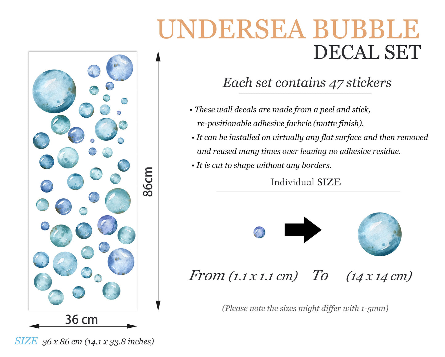 Watercolor Undersea Bubbles - Removable Wall Decal Sticker - Kids Room Gift - BR168