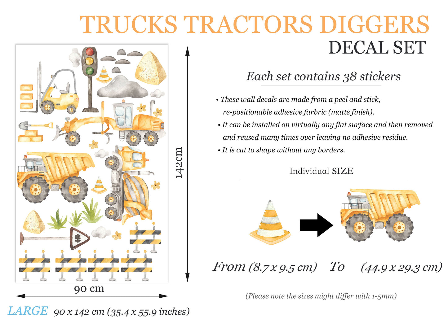 Trucks Bulldozer Tractors Diggers Behind Roadblocks Construction Site Removable Wall Decal - Boys Room Gift - BR175