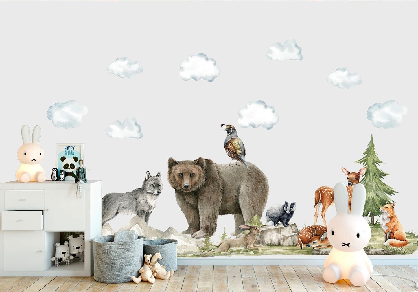 Woodland Forest Friends Wildlife Wall Decal - Bear Wolf Fox Rabbit Deer - BR179