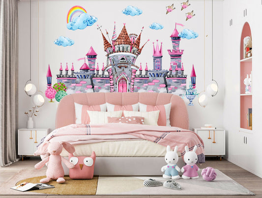 Pink Punk Princess Castle Wall Decal - Watercolor Style with Rainbows, Clouds - Ideal for Girls' Room Decor - BR180