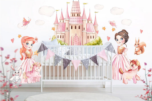 Enchanting Watercolor Princess Castle Wall Decals - Beautiful Princess, Unicorn, and Friends - Ideal for Girls' Room Decor - BR186