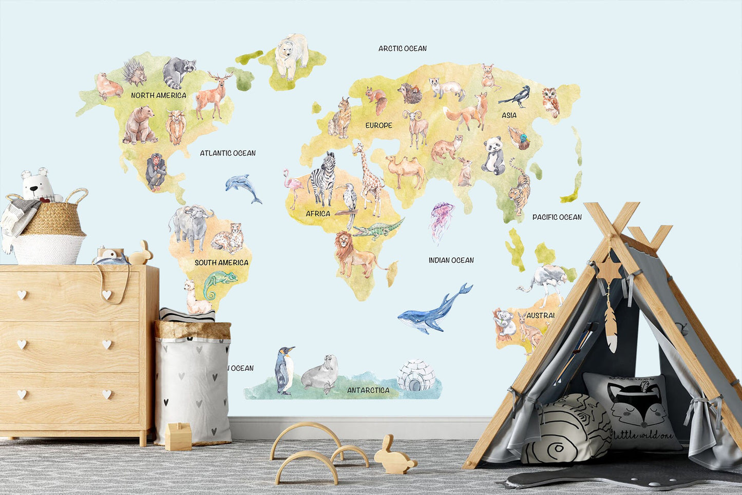 Wildlife World Map Removable Wall Decal - Representative Animals - BR183