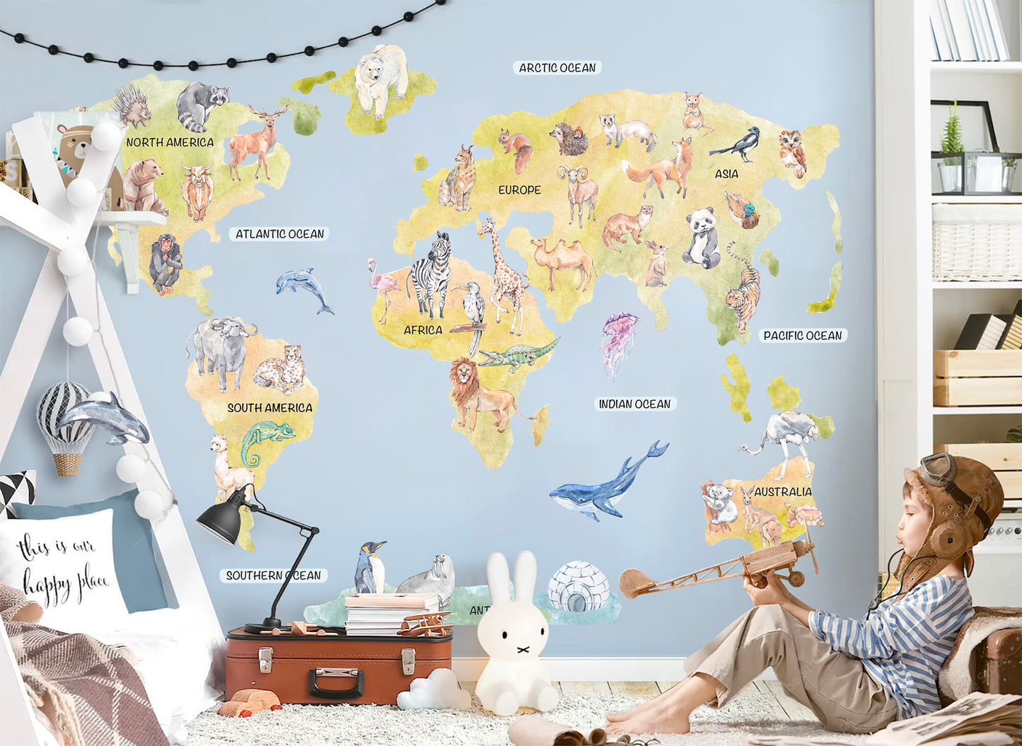 Wildlife World Map Removable Wall Decal - Representative Animals - BR183
