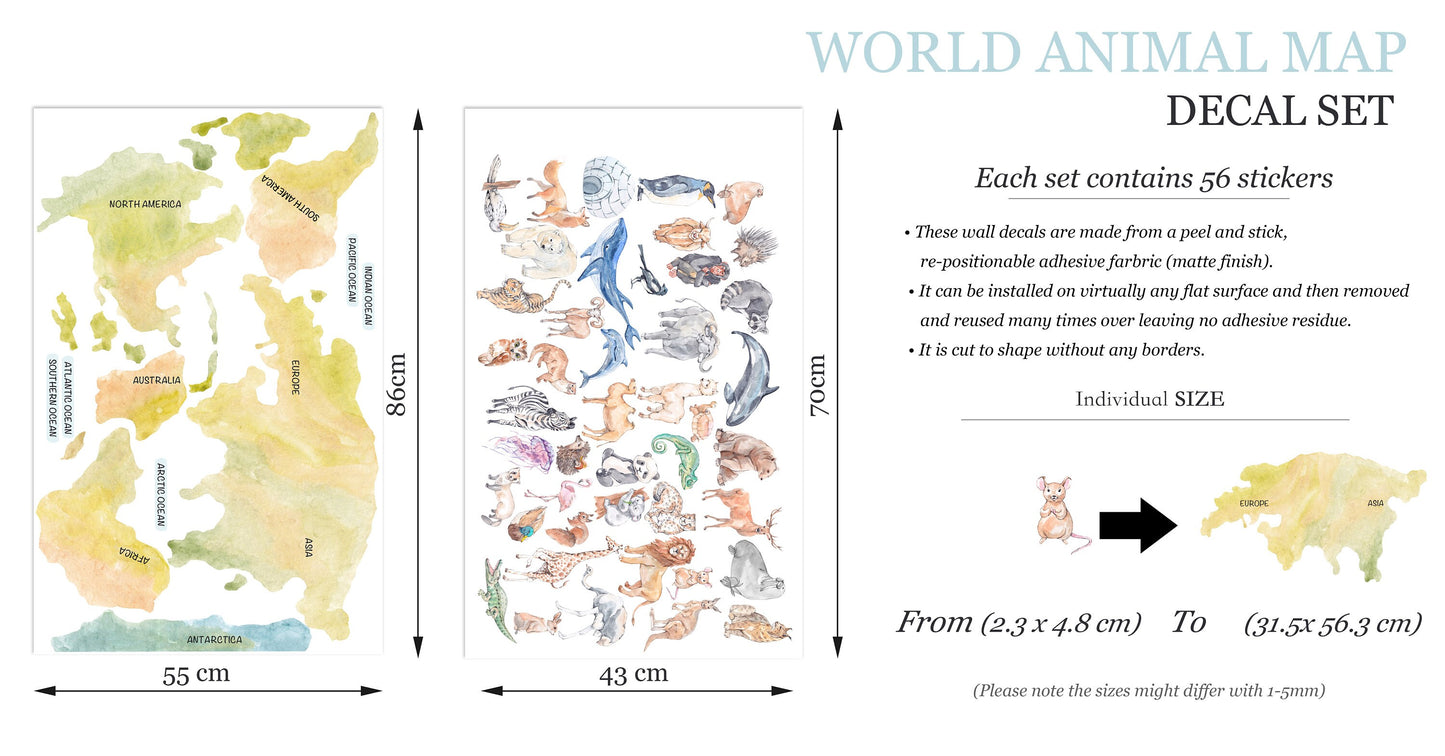 Wildlife World Map Removable Wall Decal - Representative Animals - BR183