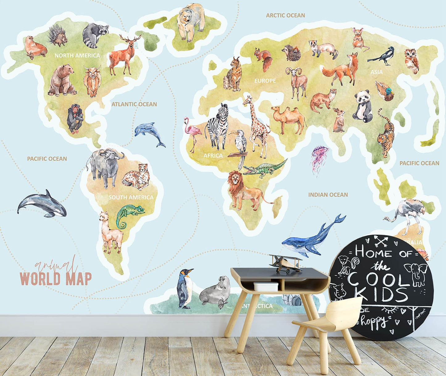 Educational World Map Peel and Stick Wall Mural - Famous Icons Animals and Continents - WM020