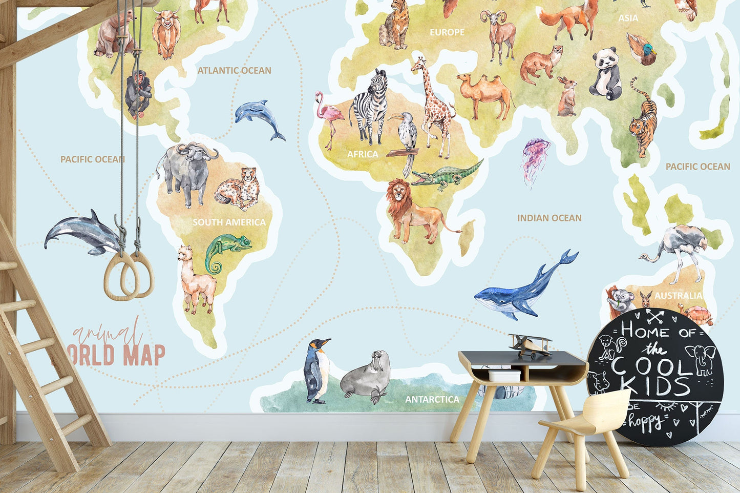Educational World Map Peel and Stick Wall Mural - Famous Icons Animals and Continents - WM020