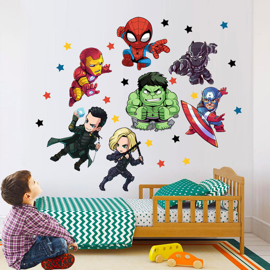 Cartoon Marvel World Avengers Superhero Wall Decal - Thor Hulk Spiderman Iron Man Captain America - BR190