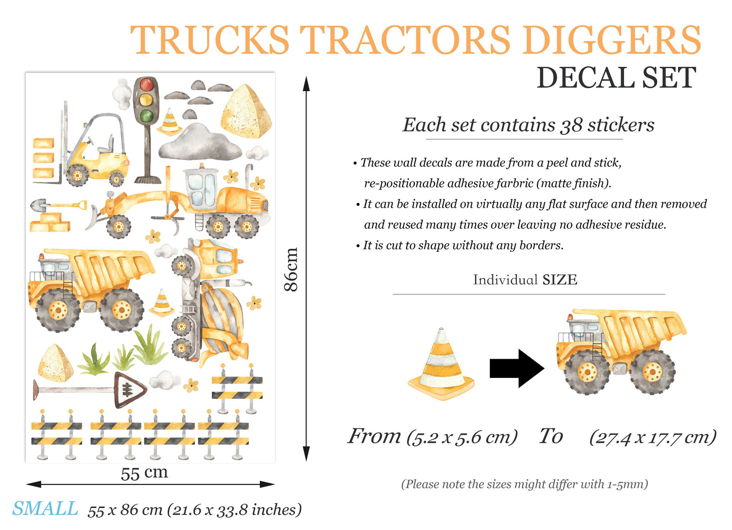 Trucks Bulldozer Tractors Diggers Behind Roadblocks Construction Site Removable Wall Decal - Boys Room Gift - BR175