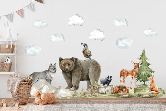 Woodland Forest Friends Wildlife Wall Decal - Bear Wolf Fox Rabbit Deer - BR179