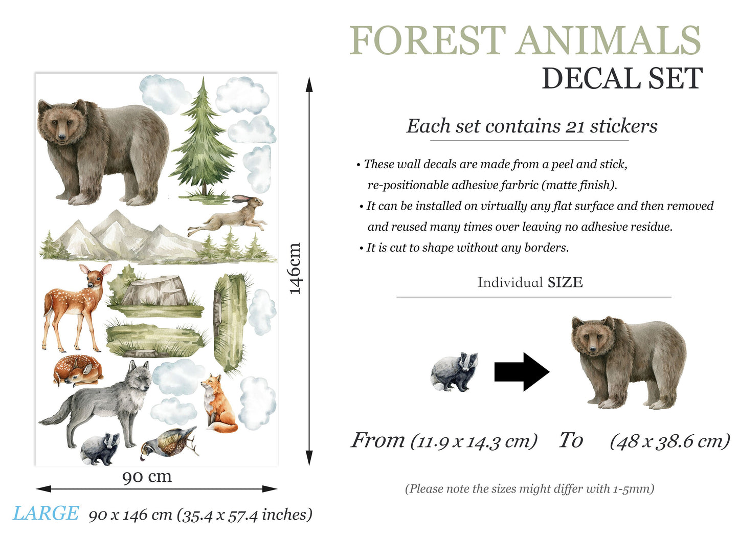 Woodland Forest Friends Wildlife Wall Decal - Bear Wolf Fox Rabbit Deer - BR179
