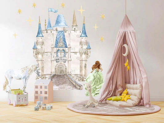 Enchanting Princess Castle Wall Decal Set - Sparkling Stars, Running Princess, and Gallant White Horse - Dreamy Room Decor for Girls - BR181