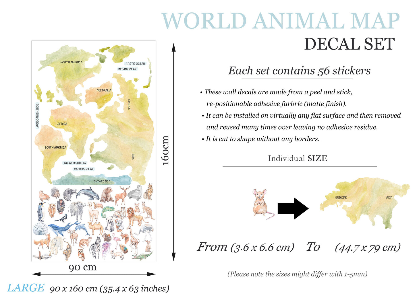 Wildlife World Map Removable Wall Decal - Representative Animals - BR183