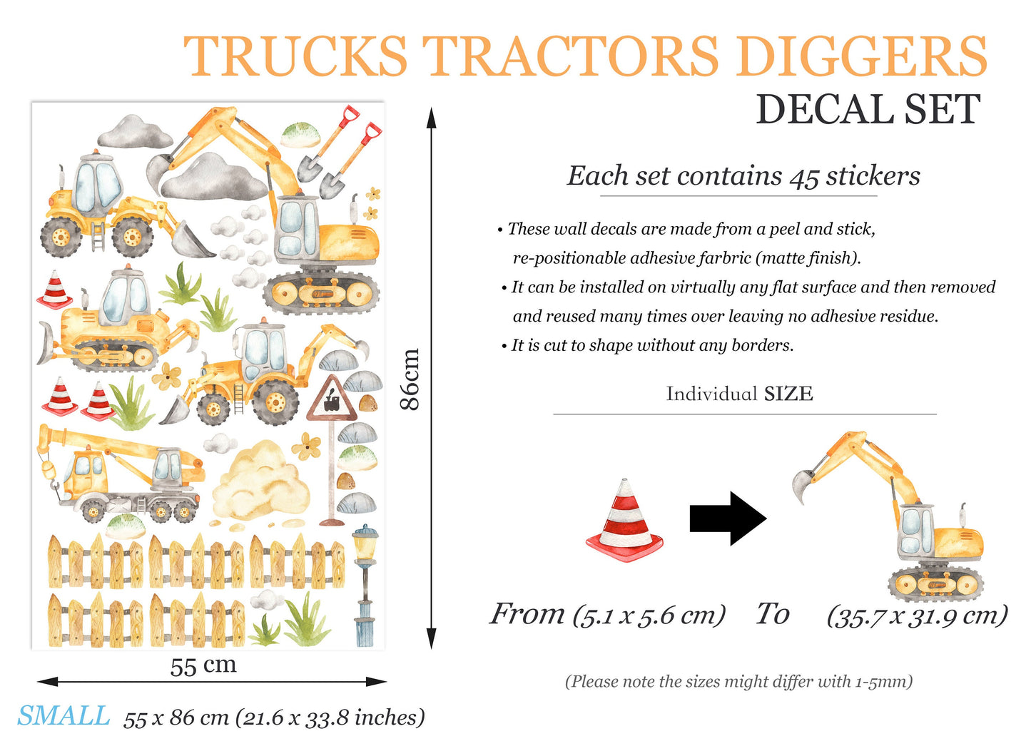 Yellow Construction Machinery Engineering Construction Vehicle Crane Trucks Removable Wall Decal Boys Room Gift - BR187