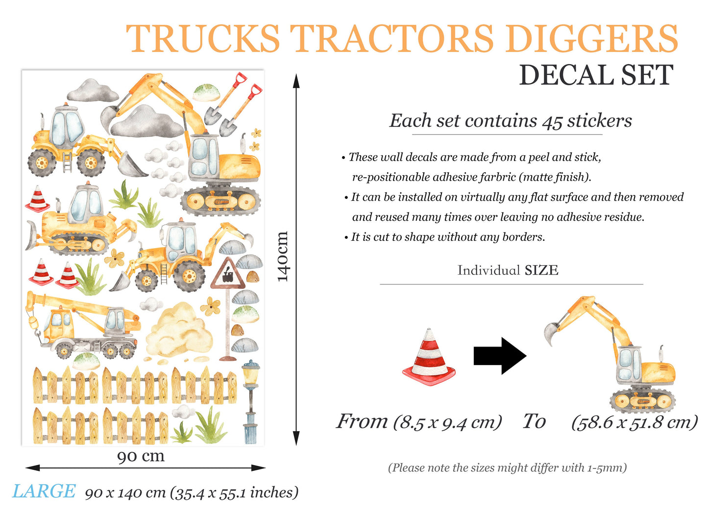 Yellow Construction Machinery Engineering Construction Vehicle Crane Trucks Removable Wall Decal Boys Room Gift - BR187