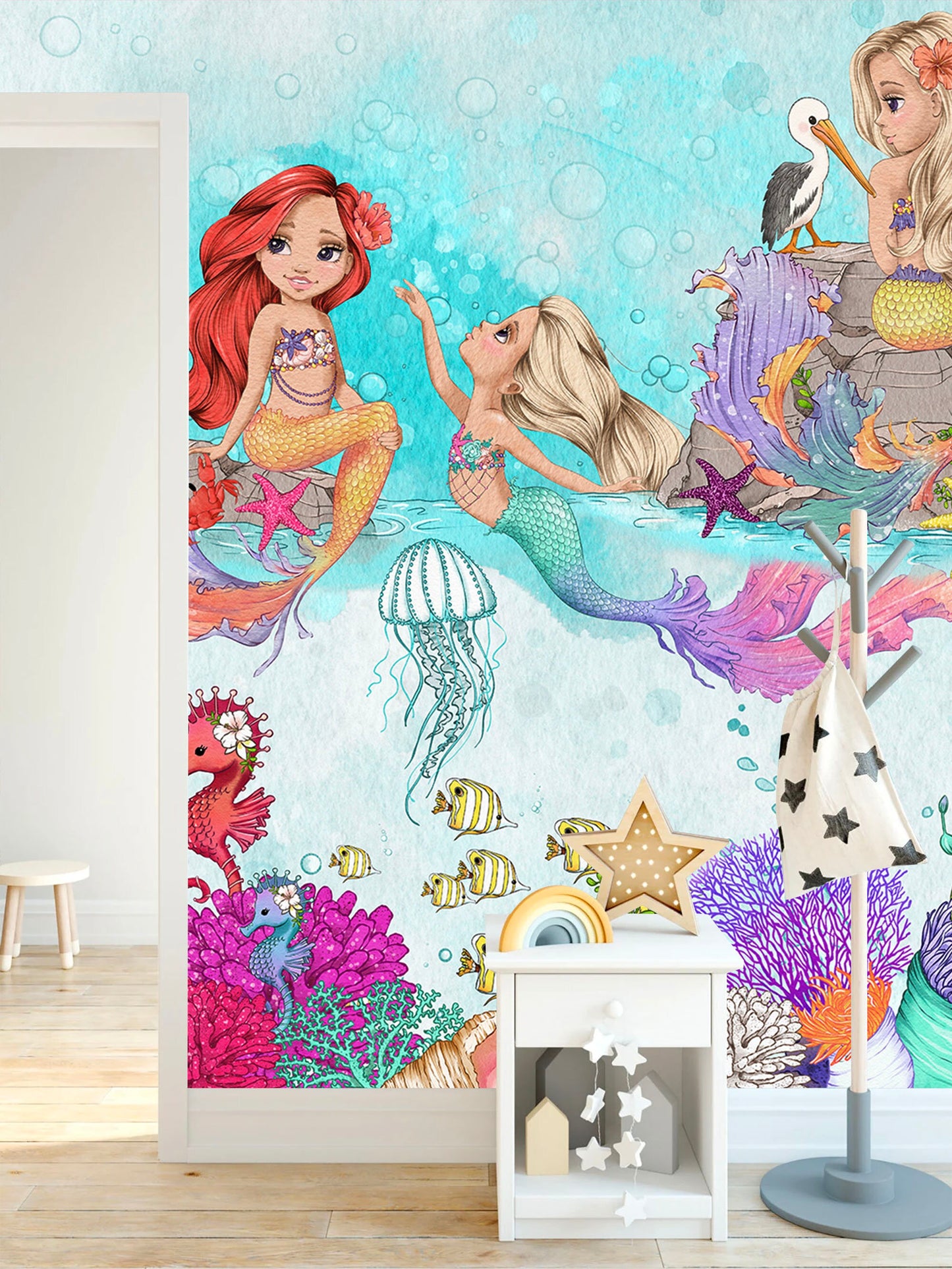 Mermaid and Jellyfish Nursery Wall Mural - Fabric Wallpaper with Seahorse Coral and Pelican Designs - WM022