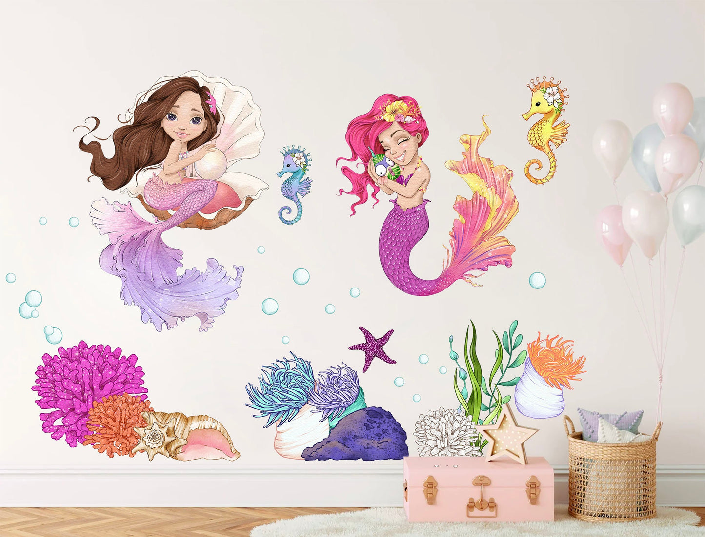 Whimsical Undersea Mermaid Princess Wall Art - Charming Mermaid, Seahorses & Ocean Life - Enhance Your Girl's Room Decor - BR189