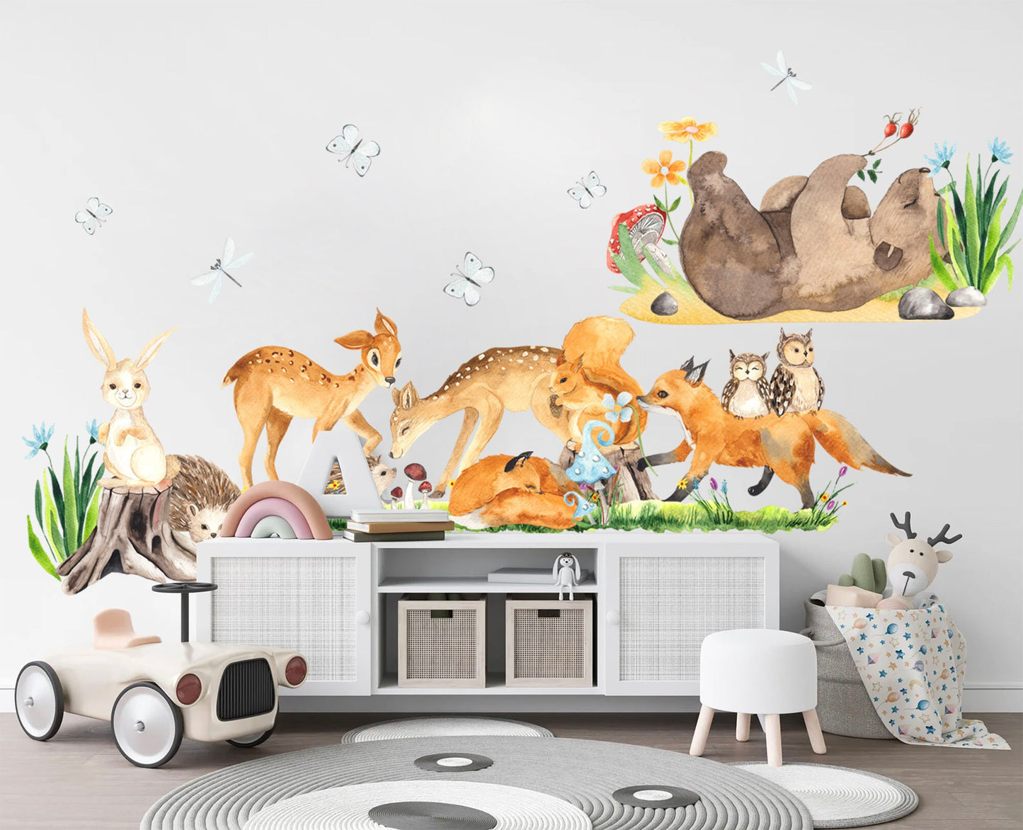 Forest Animals Wall Decal - Bear Playing with Butterflies, Fox Running with Owl, Rabbit on Tree Stump - BR207