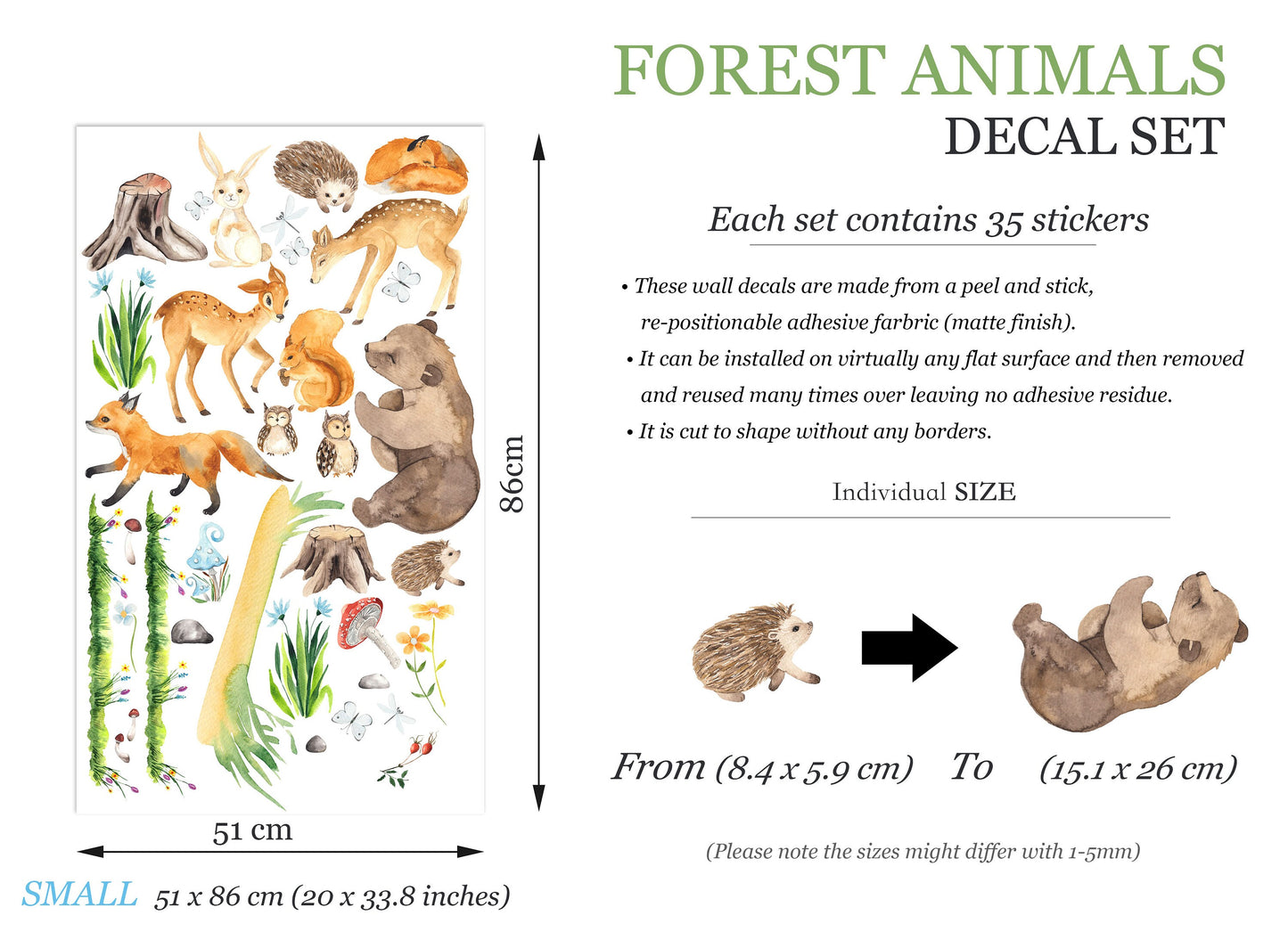 Forest Animals Wall Decal - Bear Playing with Butterflies, Fox Running with Owl, Rabbit on Tree Stump - BR207