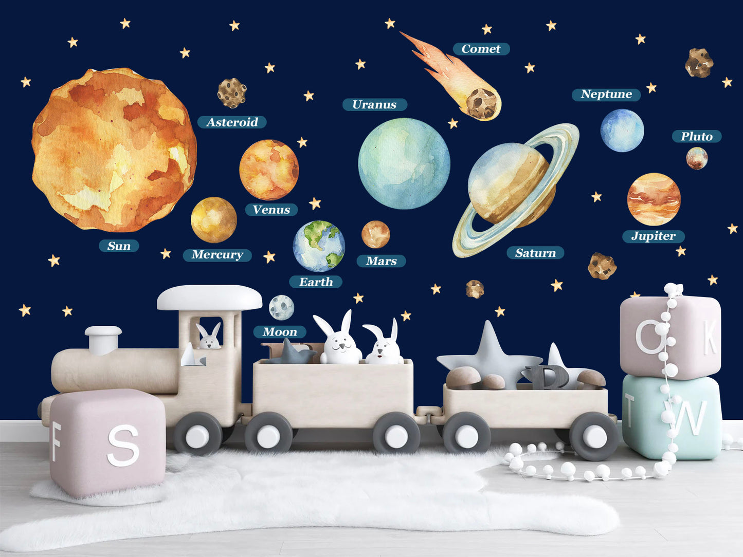 Solar System Planets Space Earth Sun Moon Comet Asteroids Removable Wall Decal - BR206