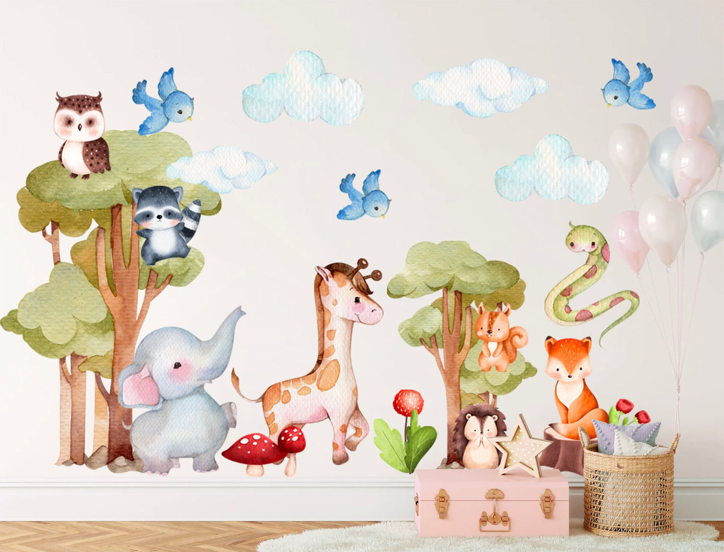 Forest Animals Gathering Wall Decal - Elephant, Giraffe, Tree Owl, Panda Cub - BR212