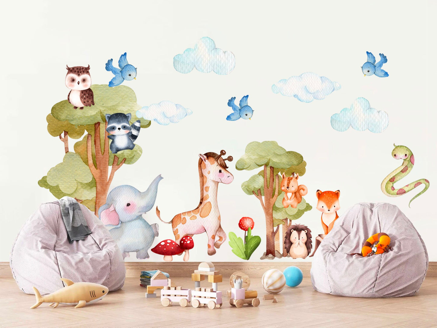 Forest Animals Gathering Wall Decal - Elephant, Giraffe, Tree Owl, Panda Cub - BR212
