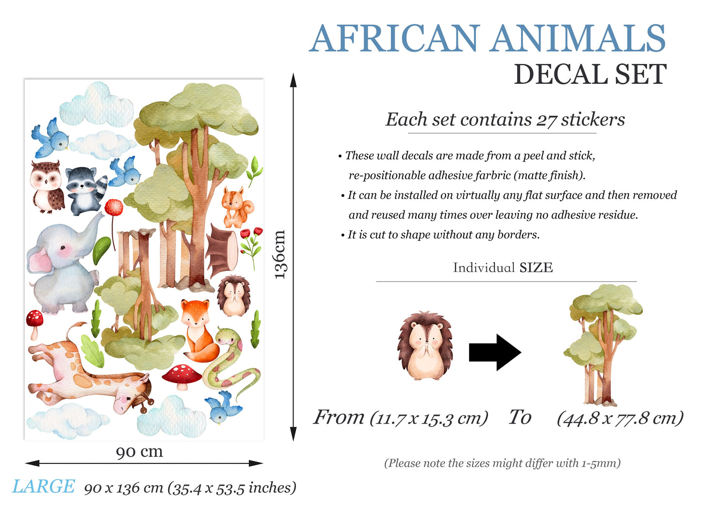 Forest Animals Gathering Wall Decal - Elephant, Giraffe, Tree Owl, Panda Cub - BR212