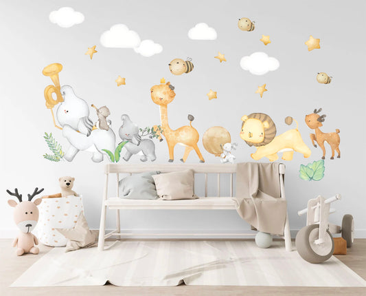 Animal Band Wall Decal - Elephant Duo on Percussion Giraffe Lion Deer with Clouds and Stars - BR214