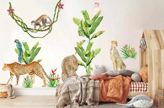 Wildlife Adventures Wall Decal - Cheetah Family Swinging Monkeys Parrot on Palm Tree - BR216