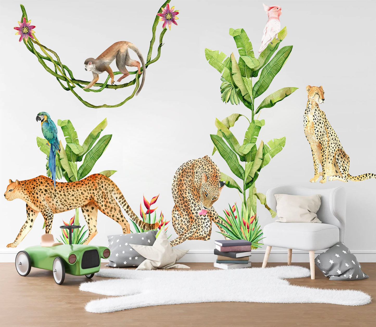 Wildlife Adventures Wall Decal - Cheetah Family Swinging Monkeys Parrot on Palm Tree - BR216