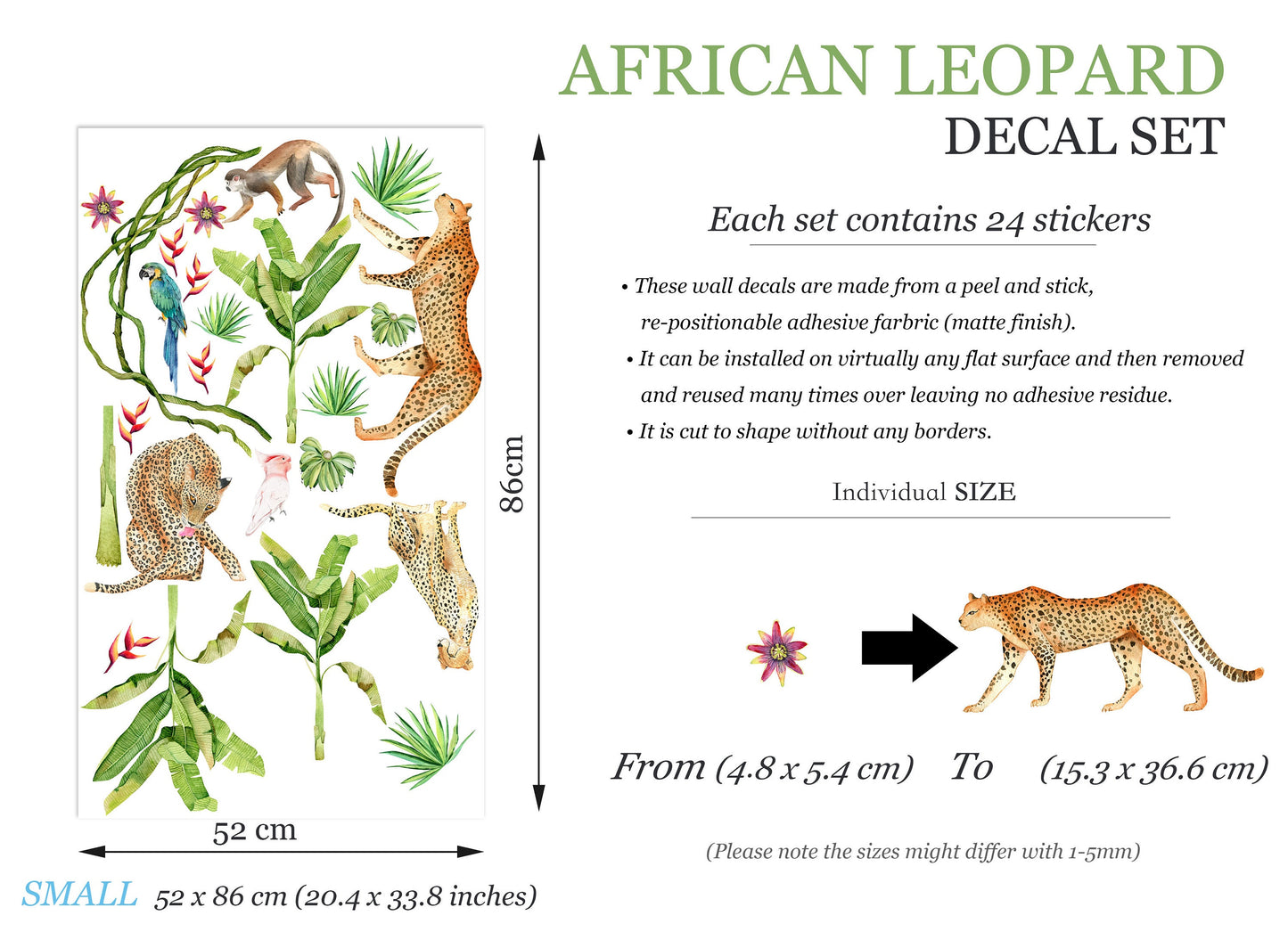 Wildlife Adventures Wall Decal - Cheetah Family Swinging Monkeys Parrot on Palm Tree - BR216