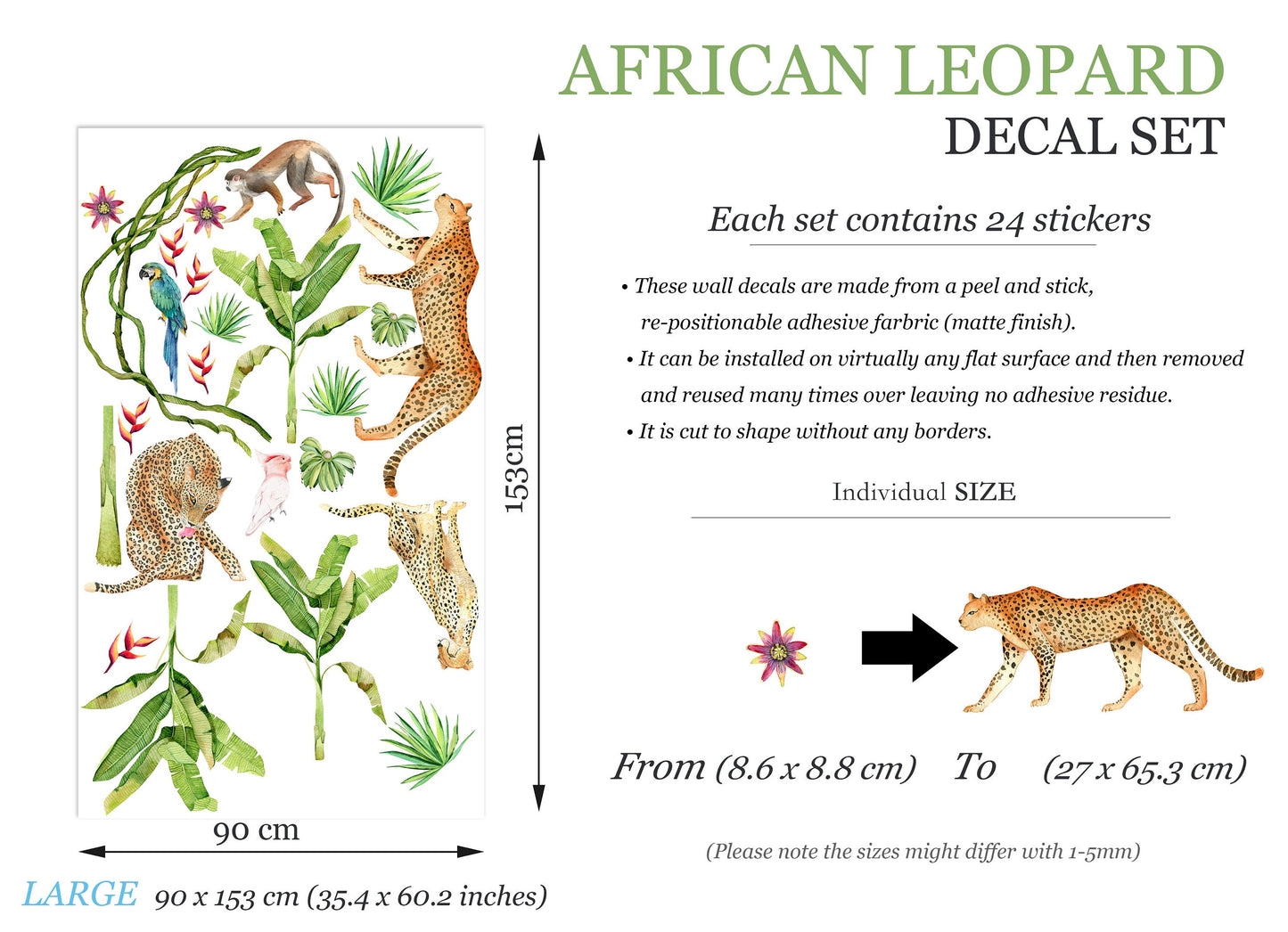 Wildlife Adventures Wall Decal - Cheetah Family Swinging Monkeys Parrot on Palm Tree - BR216