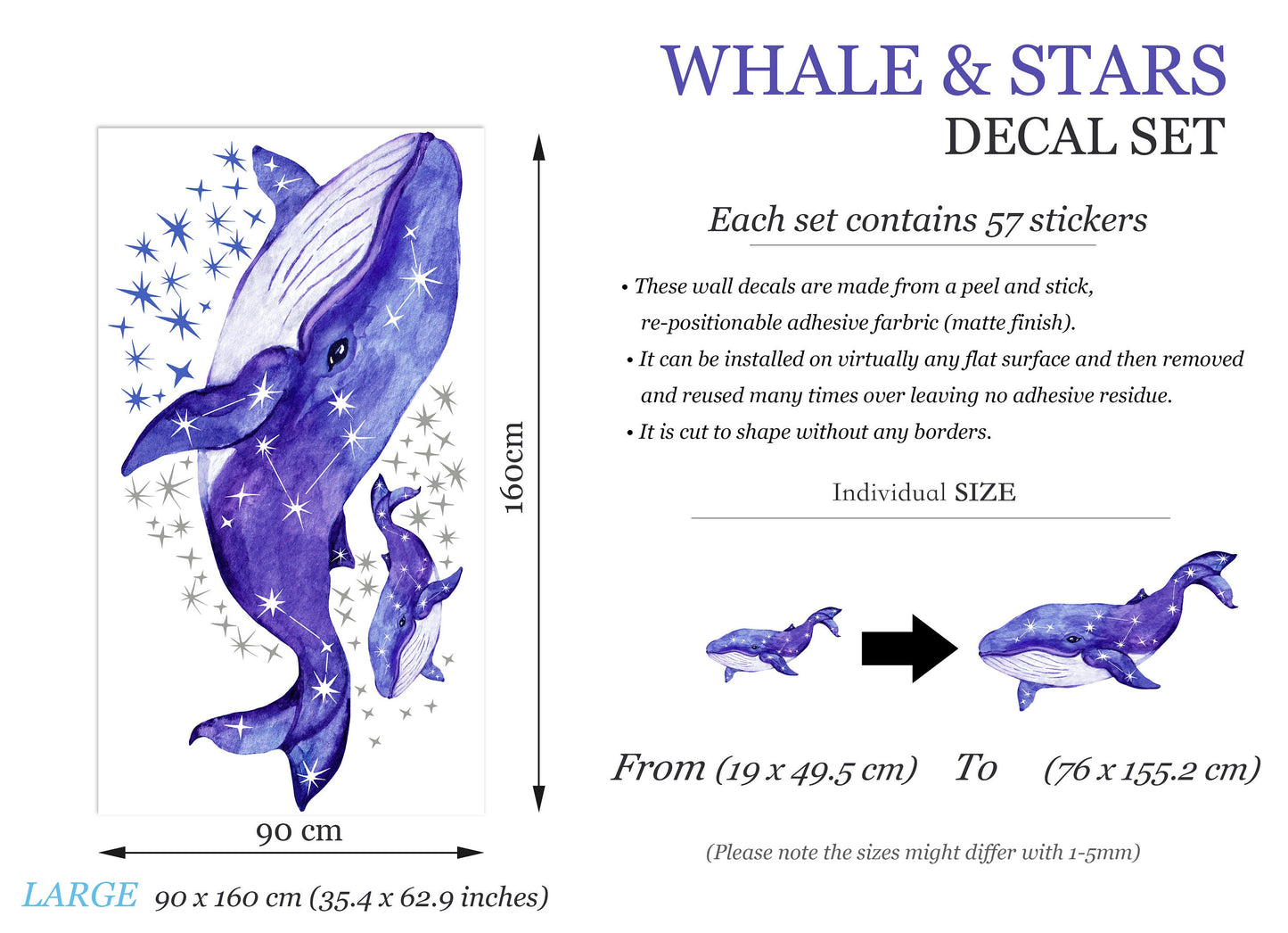 Whale Mommy and Baby Flying with Stars Painting Wall Decal - Removable Peel and Stick - BR219
