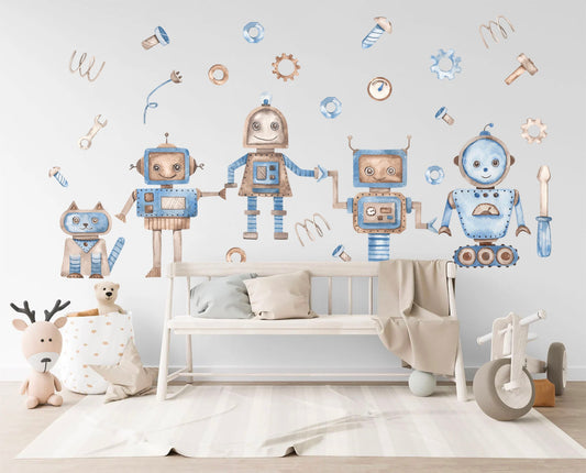 Watercolor Robot and Mechanical Cat Automation Removable Boys Wall Decal - BR199