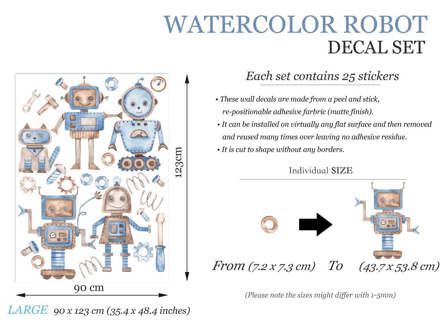 Watercolor Robot and Mechanical Cat Automation Removable Boys Wall Decal - BR199