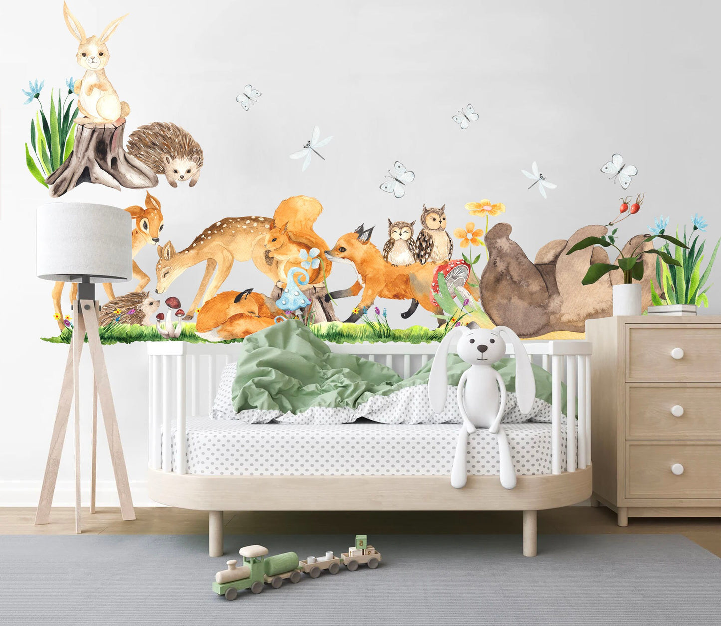 Forest Animals Wall Decal - Bear Playing with Butterflies, Fox Running with Owl, Rabbit on Tree Stump - BR207