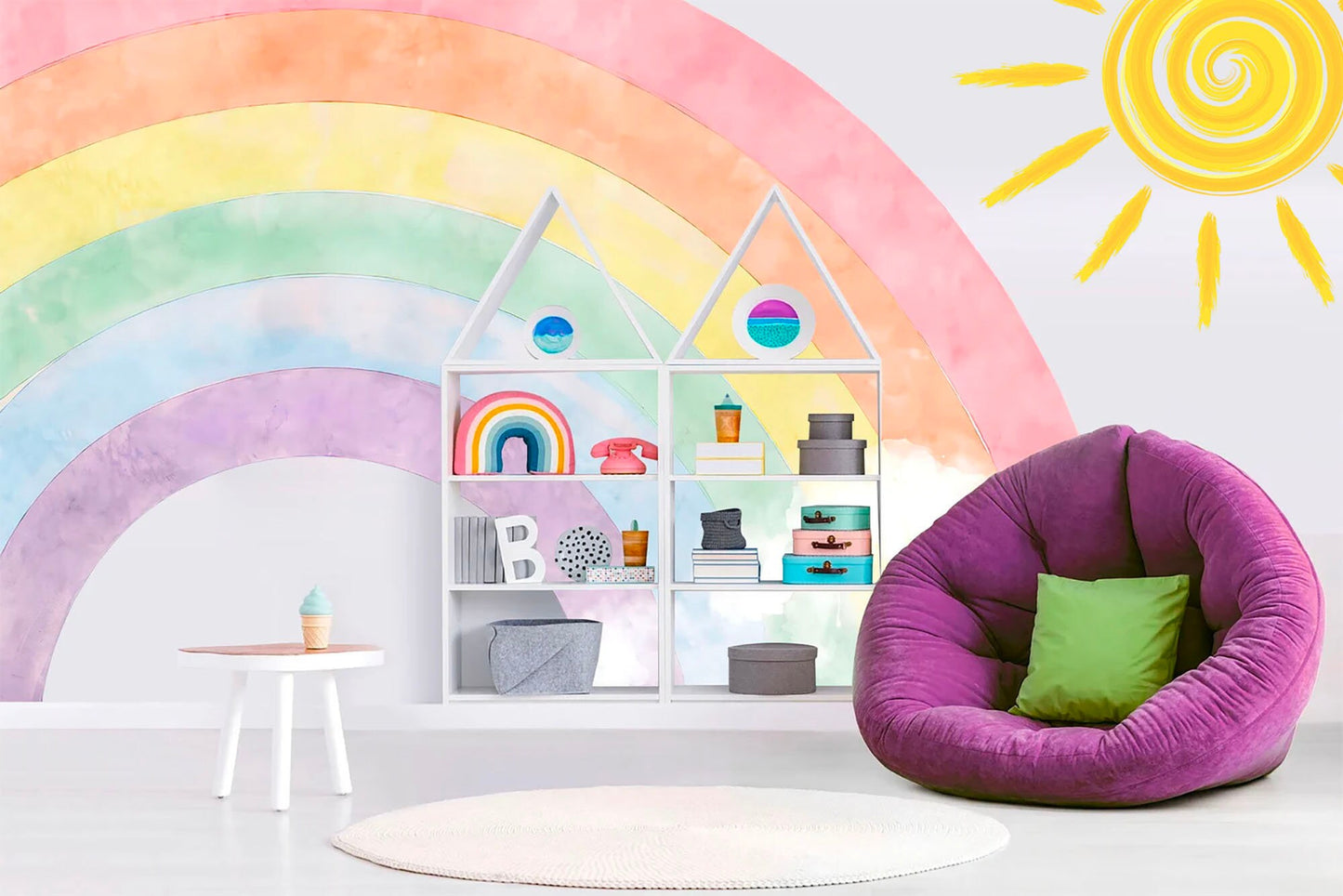 Radiant Rainbow Sun Wall Decal – Watercolor Style Girls' Room Decor - BR192