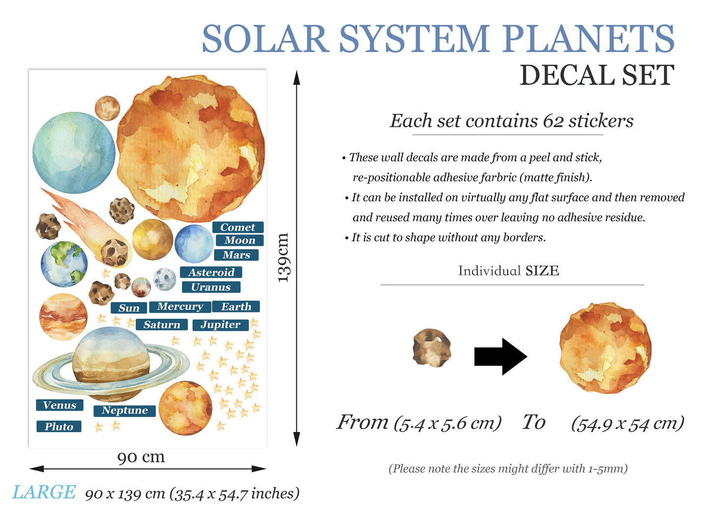 Solar System Planets Space Earth Sun Moon Comet Asteroids Removable Wall Decal - BR206