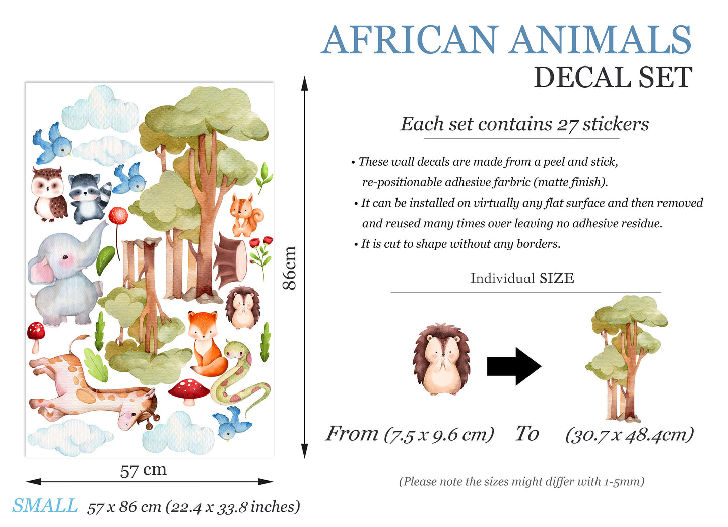 Forest Animals Gathering Wall Decal - Elephant, Giraffe, Tree Owl, Panda Cub - BR212