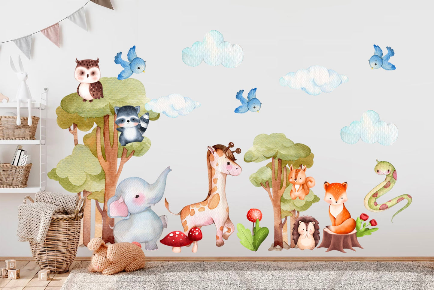 Forest Animals Gathering Wall Decal - Elephant, Giraffe, Tree Owl, Panda Cub - BR212