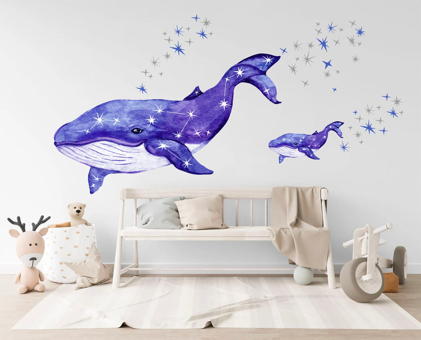 Whale Mommy and Baby Flying with Stars Painting Wall Decal - Removable Peel and Stick - BR219