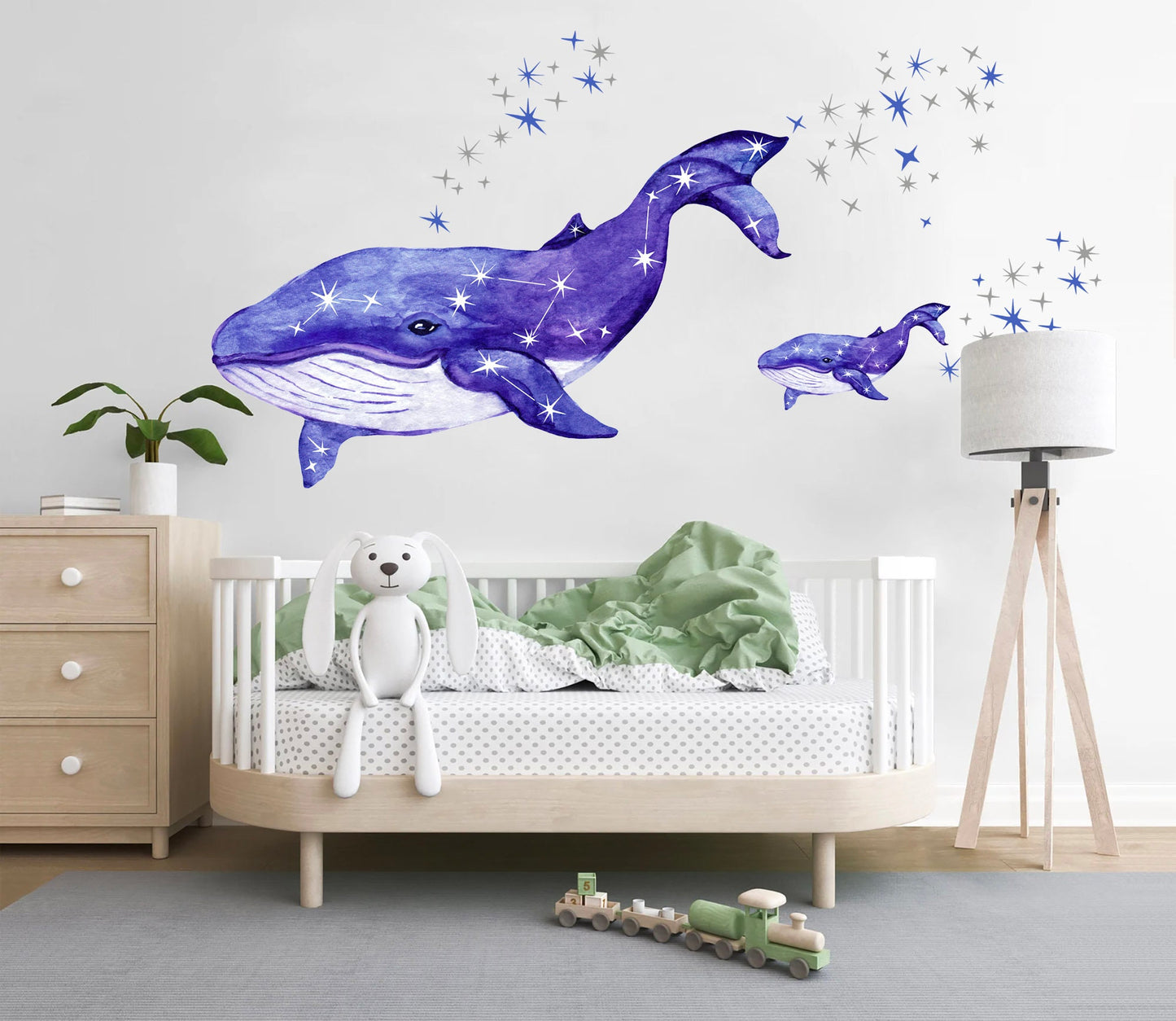Whale Mommy and Baby Flying with Stars Painting Wall Decal - Removable Peel and Stick - BR219