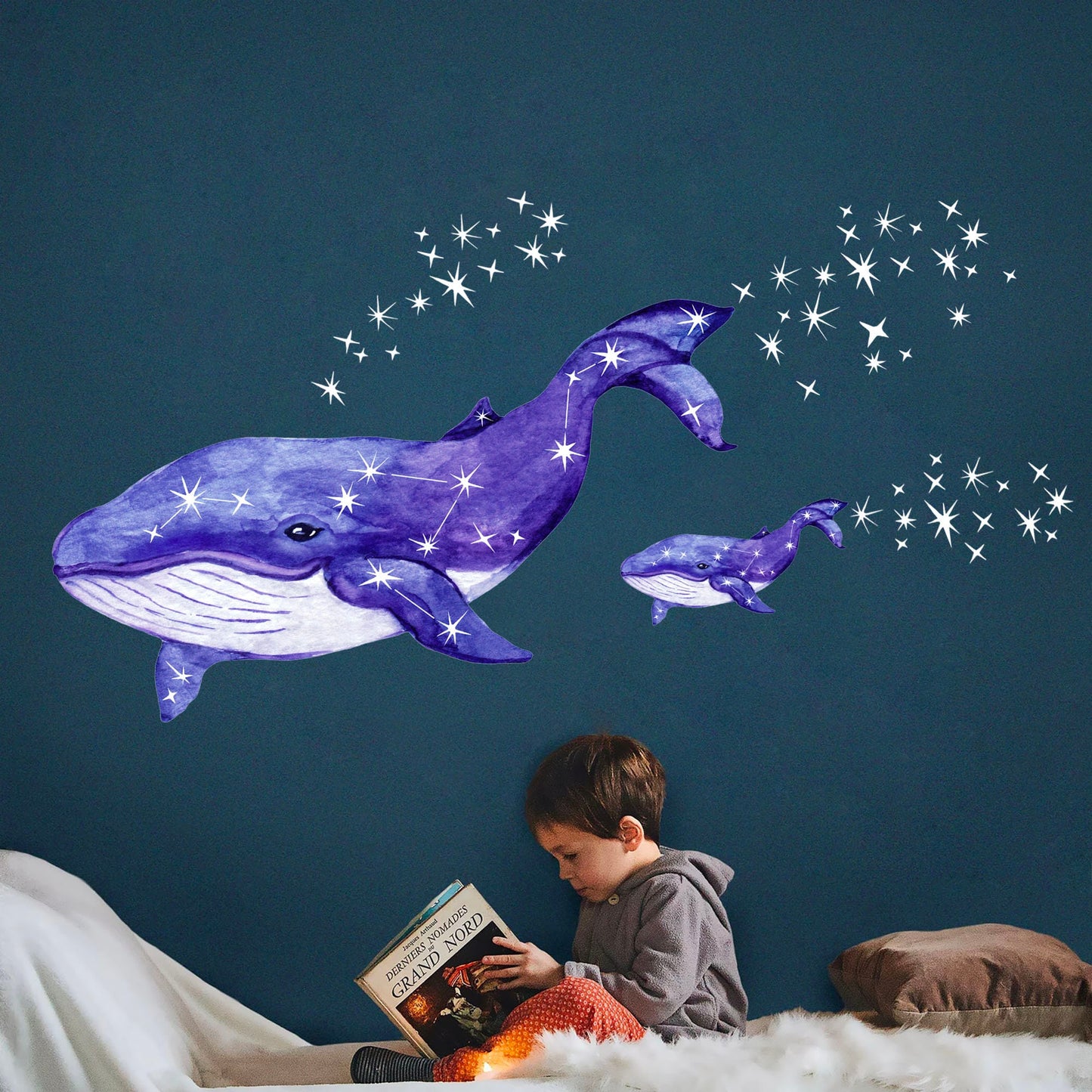 Whale Mommy and Baby Flying with Stars Painting Wall Decal - Removable Peel and Stick - BR219