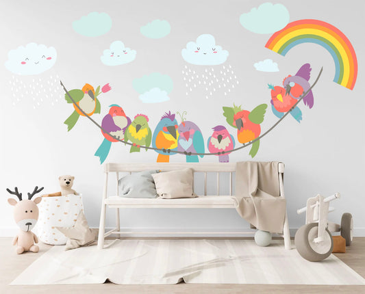 Vibrant Clothesline Rainbow Birds Wall Decal - Girls' Room Decor - BR227
