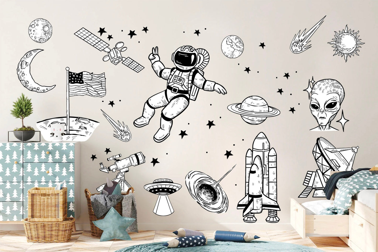 Monochrome Space Astronaut Solar System Rocket Planet Earth Black and White Wall Decal - BR231
