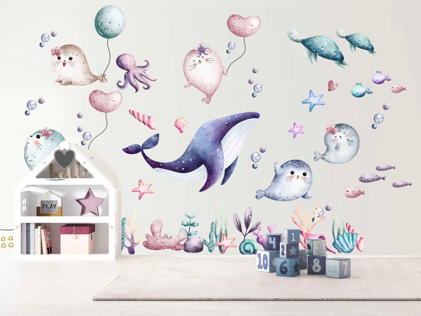 Underwater Baby Animals Wall Decal with Seal Whale Turtle - BR229