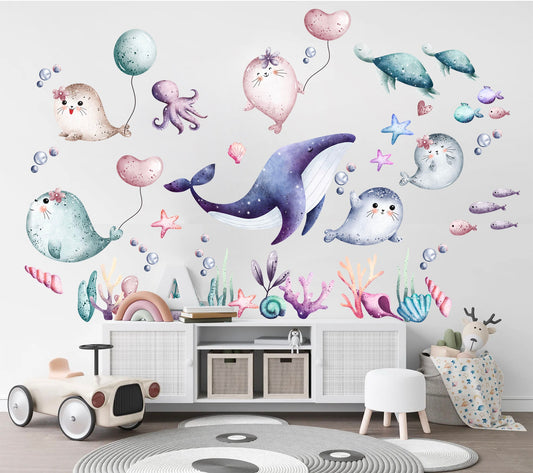 Underwater Baby Animals Wall Decal with Seal Whale Turtle - BR229