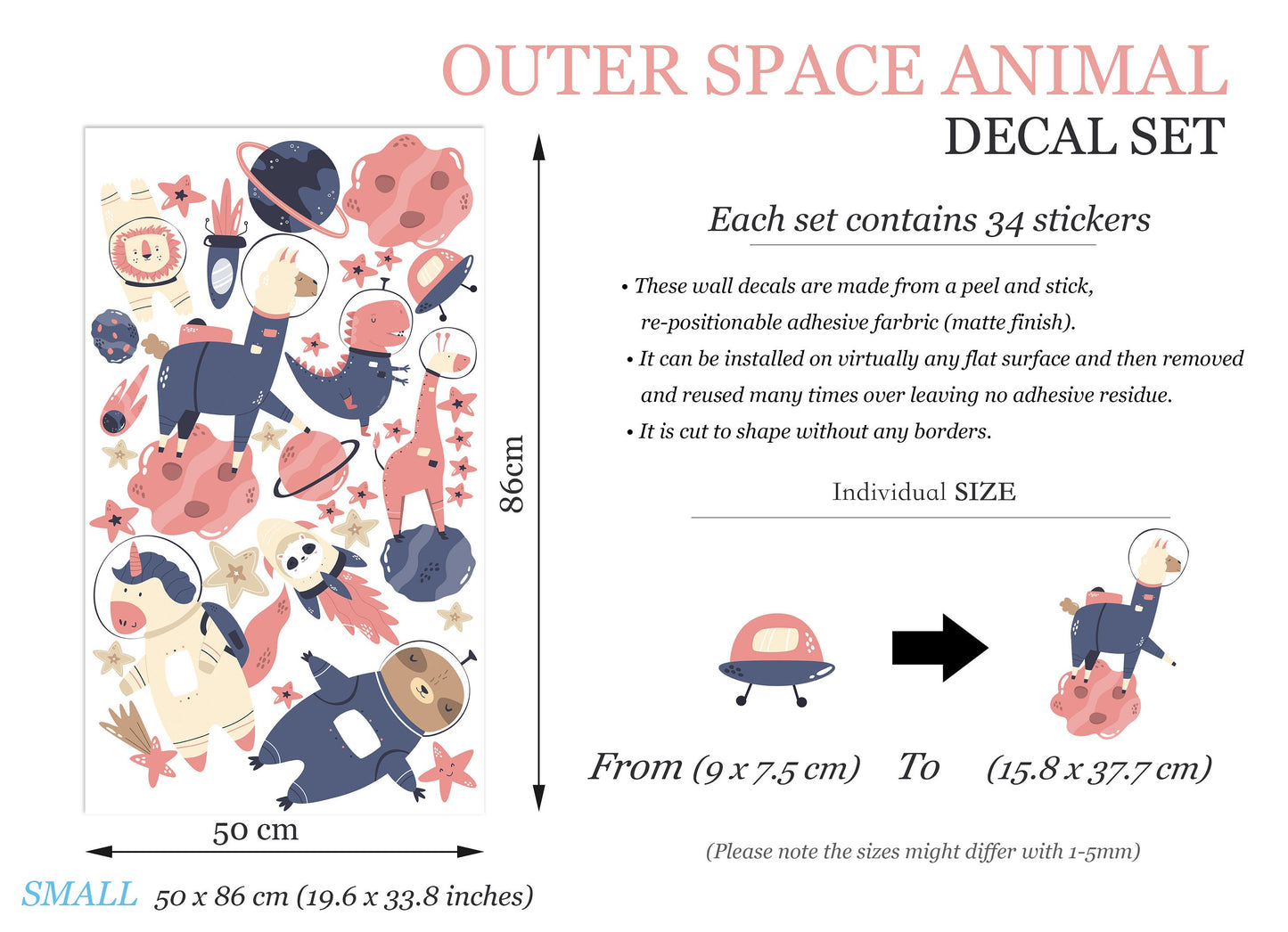 Space Animal Astronaut Unicorn Koala Dinosaur Giraffe Nursery Wall Decal - BR233