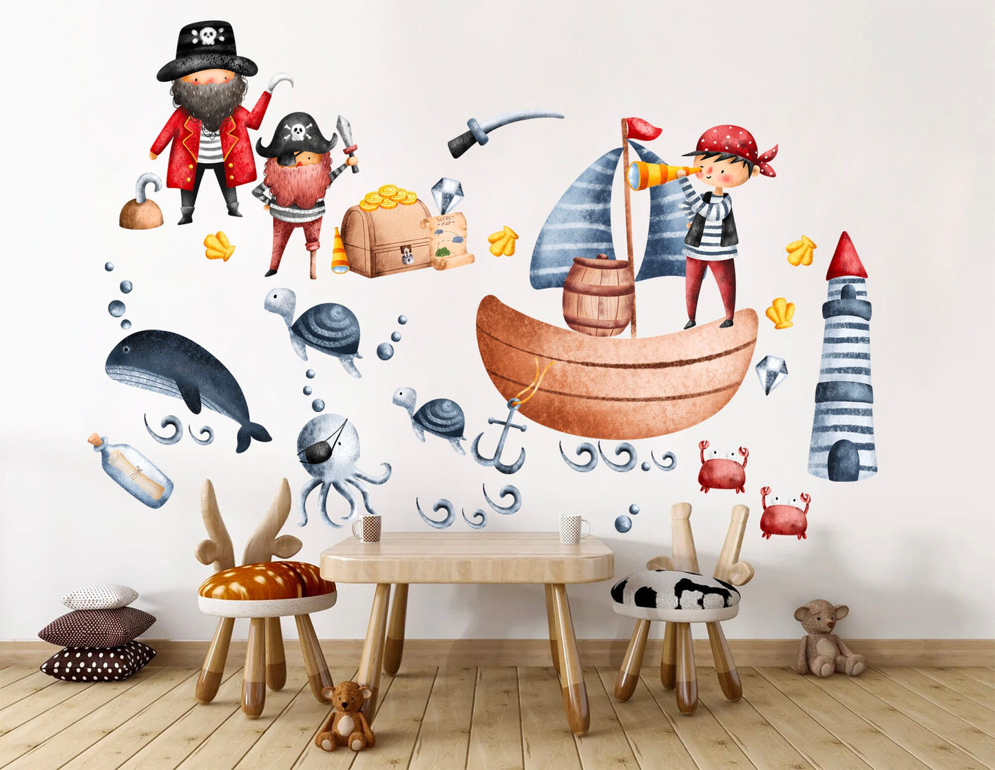 Medieval Pirate Adventure Underwater Wall Decal - Treasure Hunt Lighthouse Octopus Shark Whale - Peel and Stick - BR235